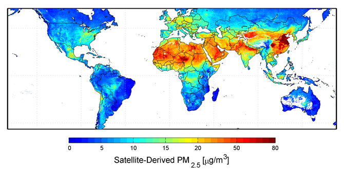 Global satellite-derived map of PM2.5 averaged over 2001-2006.  <b>Credit:</b> Dalhousie University, Aaron van Donkelaar